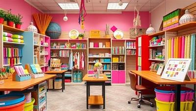 A vibrant craft studio setup with colorful craft supplies, workstations, and finished DIY projects on display, exuding a lively and creative atmosphere that invites customers to unleash their artistic flair and craft personalized treasures.