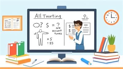 An illustration of a virtual accounting tutoring session with a tutor explaining financial concepts on a digital whiteboard, surrounded by study materials and interactive tools, symbolizing personalized support and educational guidance in accounting learning.