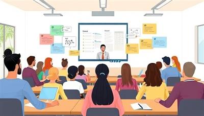 An illustration of a virtual classroom setting with diverse avatars interacting with virtual tutors in different languages, creating a vibrant and dynamic learning environment.