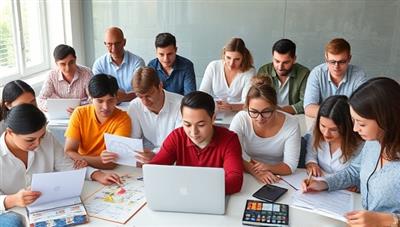 An image of a diverse group of people engaging in an online architectural course, each immersed in their laptops, sketchbooks, and design tools, symbolizing a collaborative and educational online community.
