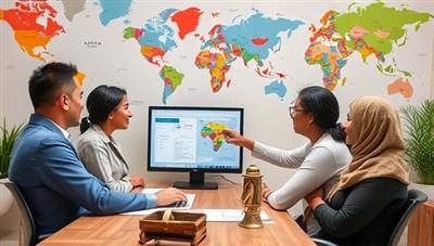 An advisor sitting at a desk, conversing with a diverse group of immigrants, pointing to a financial plan on a computer screen, surrounded by maps and cultural artifacts from various countries, showcasing a welcoming and inclusive environment.