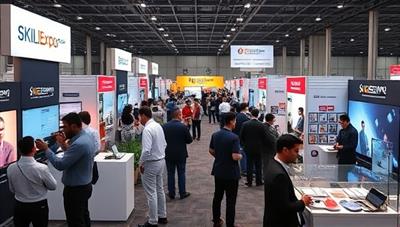 An interactive digital exhibition hall showcasing various skill booths at a virtual career fair, with professionals engaging in live chats, presentations, and skill demonstrations, creating a dynamic and immersive networking environment unique to SkillExpo Connect.