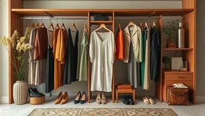 An elegant wardrobe display featuring a selection of sustainable fashion pieces, accessories, and statement items, exuding sophistication and eco-conscious style, embodying the essence of GreenStyle Wardrobe.
