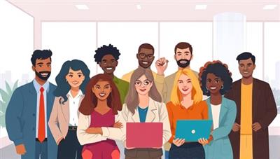An inspiring digital illustration featuring a diverse group of professionals from different backgrounds coming together in a virtual setting, symbolizing the inclusive and welcoming environment fostered by InclusiHire.