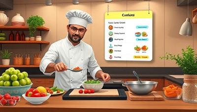 An appetizing digital illustration of a virtual cooking class in action, featuring a chef demonstrating a culinary technique with fresh ingredients, cooking utensils, and a digital recipe display, inviting users to immerse themselves in the culinary world of CulinaryCraft Studio, with a tagline 