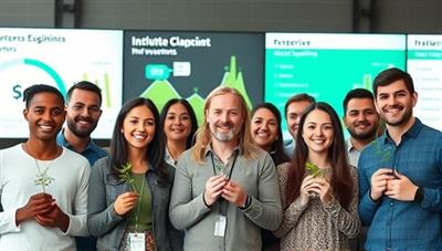 An engaging visual of diverse individuals from different backgrounds and ages, each holding a small plant symbolizing growth and sustainability, with digital screens showcasing investment options in the background.