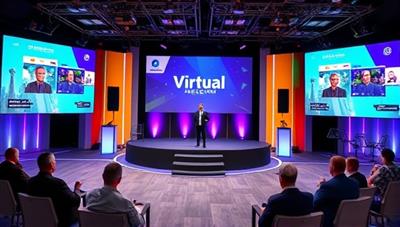 A dynamic virtual event setup with screens displaying interactive content, a virtual stage with speakers engaging with an online audience, and a tech-savvy event coordinator managing the digital logistics, showcasing a professional and engaging virtual event experience.