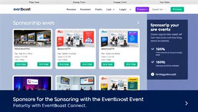 A digital event platform interface showcasing various sponsorship levels and branding opportunities for sponsors, with virtual booth layouts and engagement metrics displayed, emphasizing the benefits of sponsoring virtual events through EventBoost Connect.
