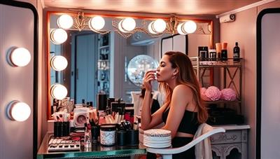 A chic and stylish mobile beauty bar setup with a professional makeup artist applying makeup to a client, surrounded by a mirror, beauty products, and elegant decor, creating a glamorous and festive atmosphere.
