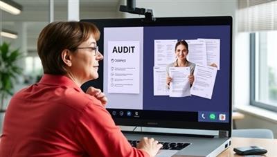 An engaging visual of a virtual tax professional providing guidance to a client via a video call, with digital audit documents displayed on the screen, conveying professionalism and expertise in assisting clients through the audit process.