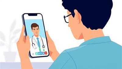An illustration of a patient having a video consultation with a doctor on a smartphone, showcasing the ease and convenience of accessing healthcare services remotely.