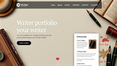 An elegant and sleek website layout mockup featuring a writer's portfolio with captivating writing samples, testimonials, and a blog section, surrounded by creative elements like ink pens and book illustrations, highlighting the platform's professional and customizable design options.