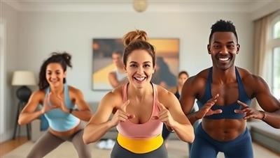 An energetic virtual fitness session led by a coach, showcasing a diverse group of participants following the workout routine from their homes, exuding determination and motivation.