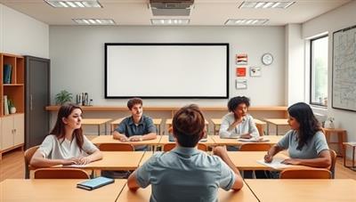 A digital classroom setting with virtual students engaging in mindfulness exercises, studying together, and participating in mental wellness workshops, illustrating a supportive and empowering environment for student well-being and academic success in an online space.