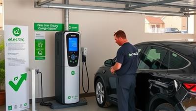 An electric vehicle charging station being installed in a residential garage, with a technician in branded uniform working on the installation, surrounded by eco-friendly signage and green energy symbols.