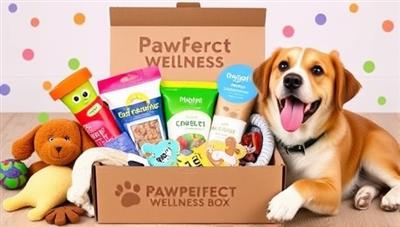 An adorable pet-themed subscription box filled with colorful toys, nutritious treats, grooming products, and a happy pet enjoying the contents, creating a heartwarming and playful representation of the Pawfect Wellness Box.
