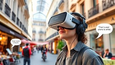 A user wearing a VR headset, exploring a virtual marketplace in Paris while engaging in conversations with animated characters in French, showcasing the immersive and interactive language learning experience.