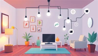 An illustration of a smart home environment with interconnected devices such as smart lights, thermostats, and security cameras controlled through a centralized hub, highlighting the convenience and efficiency of smart living technology.