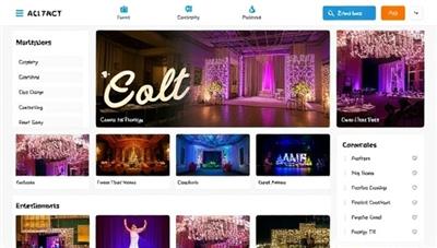 An engaging digital marketplace interface displaying various event planning categories with vibrant images of venues, decor, and entertainment options, showcasing the platform's diverse offerings and user-friendly design.