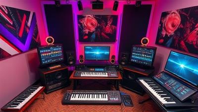 A dynamic virtual music studio setup with professional audio equipment, MIDI controllers, and mixing consoles, surrounded by creative musical elements and digital interfaces, illustrating a vibrant and inspiring space for music production and collaboration.