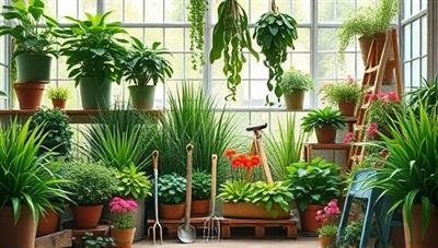 An inviting virtual green space filled with lush plants, colorful flowers, and gardening tools, creating a serene and vibrant atmosphere for a virtual gardening workshop or plant care consultation, inspiring viewers to connect with nature and cultivate their indoor gardens.