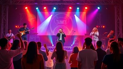 An electrifying image of a virtual talent showcase featuring a diverse lineup of performers, musicians, and artists engaging with a global audience through dynamic live streaming visuals and interactive elements, showcasing a vibrant and inclusive community of talent and creativity.