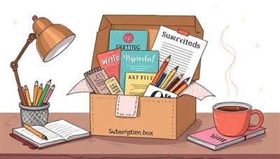 An illustrated representation of a subscription box filled with writing tools, inspiration cards, colorful stationery, and a creative writing prompt booklet, surrounded by a cozy writing desk setup and a steaming cup of tea, evoking a sense of creativity and anticipation for subscribers.