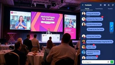 An engaging virtual event scene with attendees interacting on-screen, a virtual stage set up with branding elements, and a chat box buzzing with networking conversations, capturing the dynamic and interactive nature of virtual gatherings.