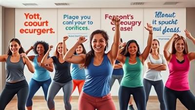 A dynamic digital artwork featuring a diverse group of educators participating in a virtual fitness class, with energetic workout moves and motivational quotes displayed in the background, evoking a sense of empowerment and community support.