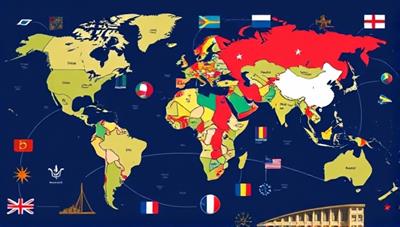 An interactive digital map showcasing diverse cultural icons, flags, and landmarks from around the world, symbolizing global connectivity and cross-cultural exchange within a virtual space.