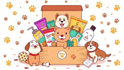 An adorable pet-themed subscription box overflowing with treats, toys, grooming products, and a personalized pet tag, surrounded by paw prints and happy pet illustrations, evoking joy and pampering for furry friends.