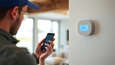 A technician installing a smart thermostat in a modern home setting, with a smartphone in hand adjusting the settings, showcasing convenience and modern living.