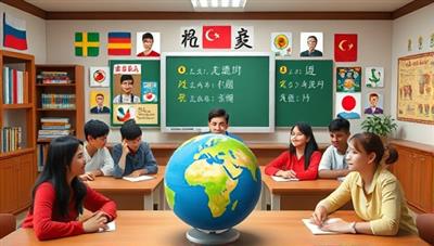 A vibrant virtual classroom setting with diverse avatars interacting in different languages, cultural symbols in the background, and a globe representing global connectivity and language diversity.