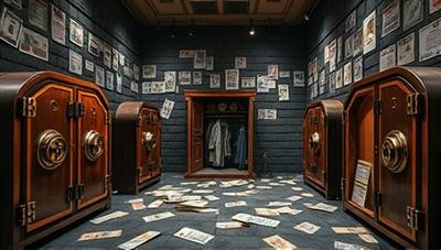 An immersive escape room setting with intricate puzzles, locked safes, and financial-themed clues scattered throughout the room, challenging participants to crack codes, solve riddles, and unlock the secrets to financial success. The image conveys a sense of mystery, excitement, and educational fun in a financial escape room scenario.