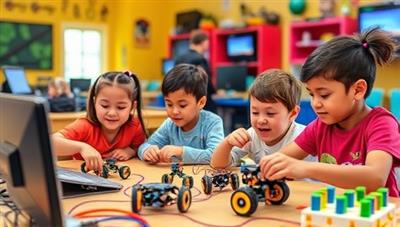A group of young kids excitedly working on coding projects and building robots in a colorful and tech-infused learning environment, showcasing the fun and educational atmosphere of Tech-Infused Learning Center for Kids.