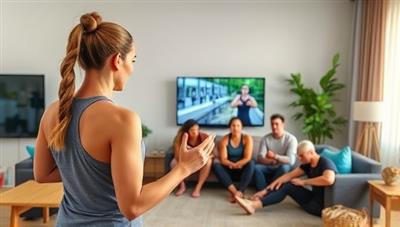 An energetic fitness coach conducting a virtual workout session with participants following along from their living rooms, showing inclusivity, motivation, and modern fitness trends.