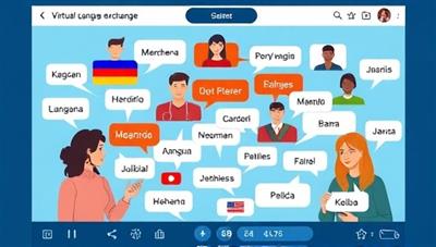 An interactive online interface showing users from different countries engaging in a virtual language exchange, with speech bubbles in various languages, creating a vibrant and diverse learning environment.