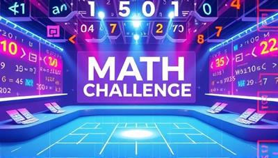 An exciting digital illustration of a virtual math challenge arena with dynamic math symbols, equations, and interactive elements, showcasing a competitive yet engaging environment for math enthusiasts to participate and test their problem-solving skills.