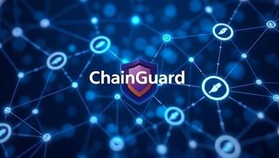 A futuristic illustration of interconnected blockchain nodes representing secure transactions and smart contracts, with the ChainGuard logo prominently displayed at the center, symbolizing the cutting-edge technology and transparency of parametric insurance.