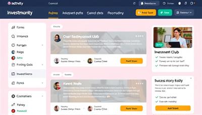 An online platform interface displaying a vibrant investment club community with interactive discussion forums, investment polls, and success stories shared by members, creating a sense of camaraderie and shared financial goals.