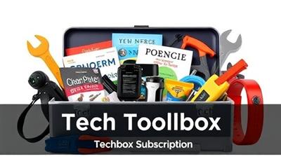 An image of a sleek, modern toolbox filled with digital gadgets, coding books, and tech accessories, symbolizing a diverse range of resources and tools offered in the Tech Toolbox Subscription.