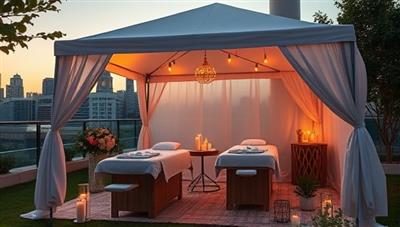 A serene outdoor setting with a pop-up spa tent featuring massage tables, aromatic candles, and calming decor, creating a tranquil oasis amidst a bustling cityscape, evoking a sense of relaxation and well-being.