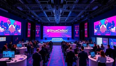 An immersive digital event space featuring a virtual conference setup with a stage, audience avatars, interactive booths, and live streaming capabilities, showcasing the versatility and engagement potential of virtual events, creating a futuristic and dynamic event experience.