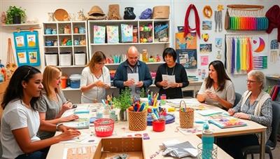 A colorful workshop space filled with crafting supplies, tools, and finished DIY projects, with participants laughing and creating together, capturing the essence of creativity and hands-on learning.