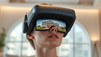 A futuristic headset displaying a virtual tour of a luxurious home, with a person immersed in the experience, marveling at the realistic details and features of the property.