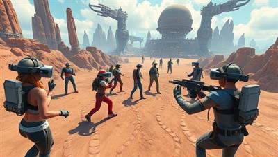 An exciting virtual reality gaming environment with diverse avatars engaging in a multiplayer battle, surrounded by futuristic landscapes and immersive visuals, capturing the essence of immersive VR gaming experiences.