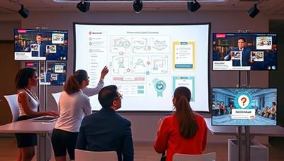 An artistic representation of a virtual event planning scenario, showcasing a team of event coordinators brainstorming ideas on a virtual whiteboard, with screens displaying event layouts, guest lists, and interactive event features, conveying collaboration and innovation.