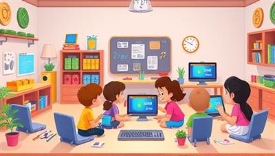 An animated scene of a virtual coding classroom with colorful coding blocks, digital devices displaying coding tutorials, and a diverse group of children collaborating on a coding project, accompanied by cheerful music and interactive elements, creating a playful and educational coding environment for kids.