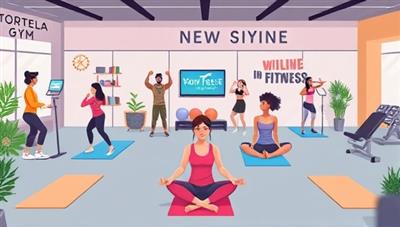 A digital illustration showcasing a virtual gym environment with diverse individuals participating in online fitness classes led by trainers, surrounded by fitness equipment, yoga mats, and motivational quotes, inspiring a sense of community and wellbeing in the digital fitness space.