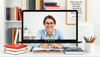 An online video call screen displaying a writer receiving personalized feedback and guidance from a writing consultant, surrounded by reference books, writing tools, and inspirational quotes, illustrating a supportive and professional mentorship dynamic in the virtual realm.